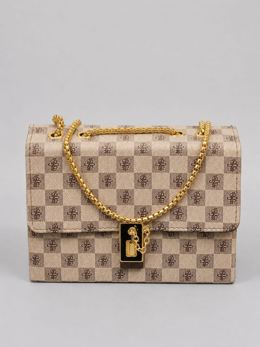 Women's Luxury Beige Checkered Chain Sling Bag | Premium Designer Crossbody Handbag