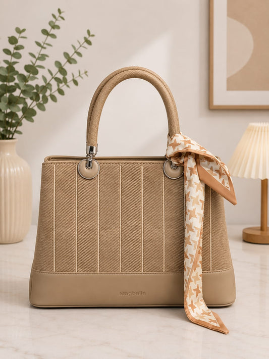 Women's Premium Canvas Tote Handbag with Scarf | Elegant Beige Top Handle Shoulder Bag