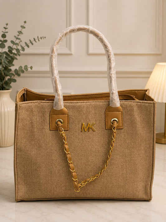 MK Style Women's Premium Canvas Tote Handbag with Chain Strap | Large Luxury Shoulder Bag | Beige