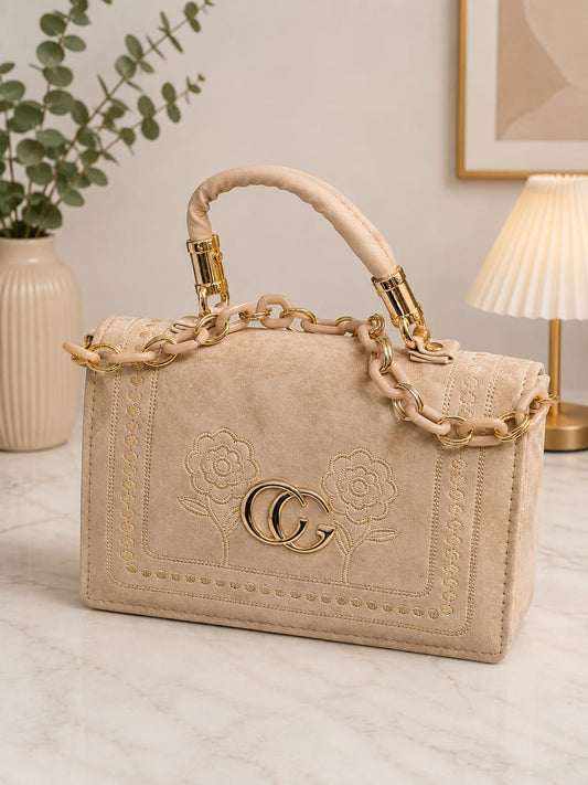 Women's Premium Embroidered Shoulder Handbag with Chain Strap | Elegant Beige Crossbody Purse