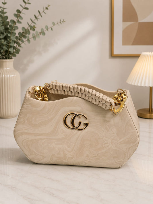 Women's Premium Marble Pattern Shoulder Handbag with Gold Chain | Elegant Beige Designer Style Purse